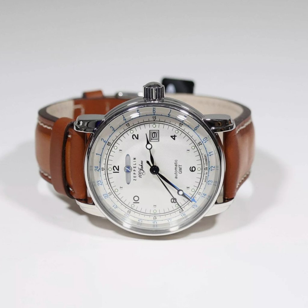 Zeppelin Gmt Mens Stainless Steel Brown Leather Strap Watch